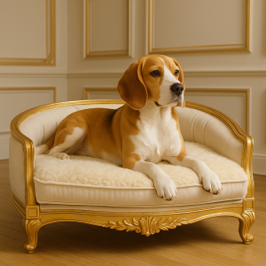 A Beagle dog rests comfortably on a plush, gold-accented dog bed in a luxurious room with cream and gold tones, exuding an atmosphere of comfort and elegance.