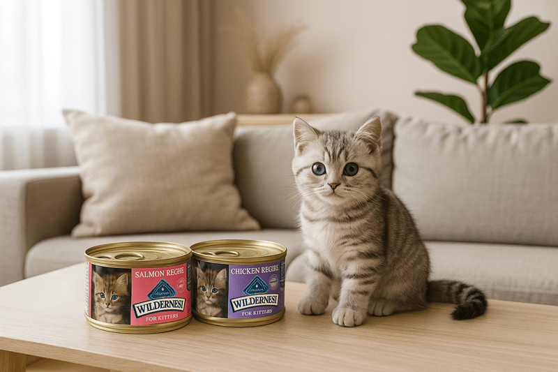 A British Shorthair kitten with blue eyes sits beside two cans of Blue Wilderness kitten food on a coffee table in a luxury living room with neutral décor.