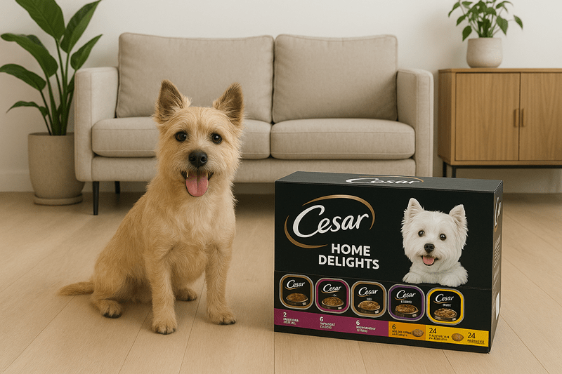 A happy Cairn Terrier sits next to a box of Cesar Home Delights dog food in a modern luxury living room with light wood floors, beige furniture, and potted plants.