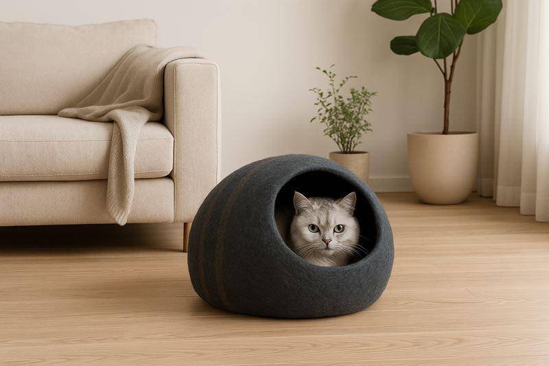 A British Shorthair cat resting inside a dark felt MEOWFIA cat cave on light wood flooring in a sunlit, minimalist living room with beige furniture and potted plants.