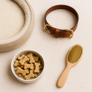 Flat lay of luxury pet accessories including a leather dog collar with gold hardware, a plush pet bed, a ceramic bowl of dog treats, and a wooden grooming brush on a beige marble surface.