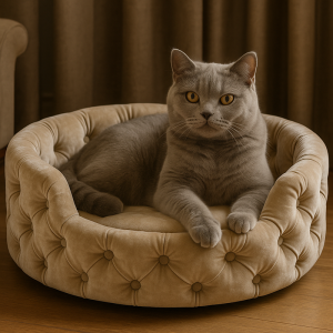 Luxurious velvet cat bed with a British Shorthair cat, perfect for discerning cat owners in 2025.