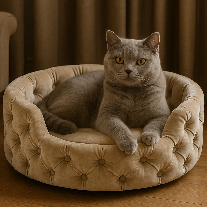 Luxurious velvet cat bed with a British Shorthair cat, perfect for discerning cat owners in 2025.