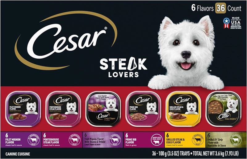 Cesar Home Delights Adult Wet Dog Food Variety Pack, featuring gourmet flavors like Filet Mignon and Grilled Chicken, ideal for pampered pups.