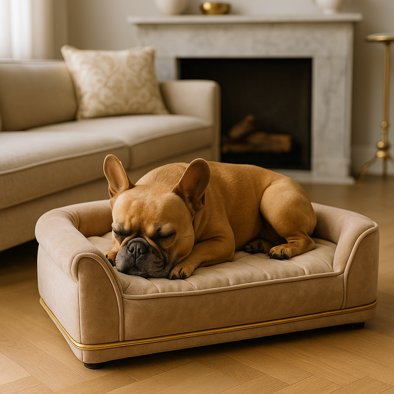 Small dog resting on luxury dog bed in stylish living room