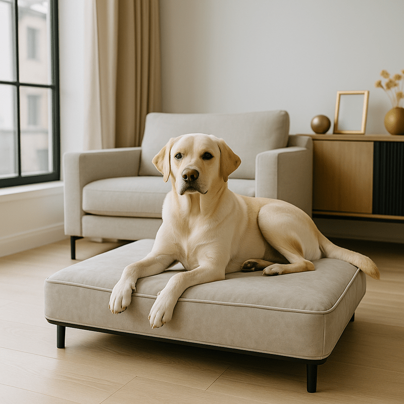 A Labrador Retriever rests on a modern grey pet bed in a minimalist living room with natural light and neutral-toned décor