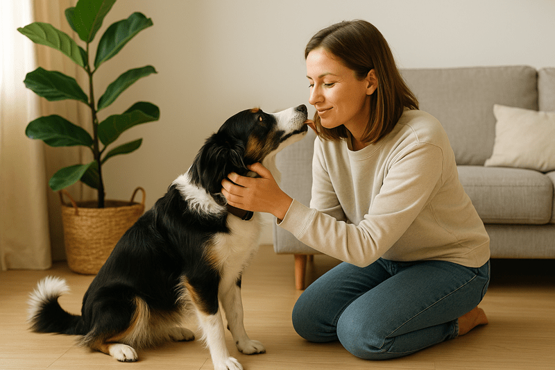 A black-and-white border collie mix sitting attentively with its owner in a bright, peaceful living room with wooden floors and a fiddle-leaf fig