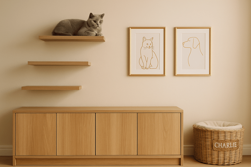 Gray cat on floating shelf near framed pet artwork and elegant sideboard in beige room.
