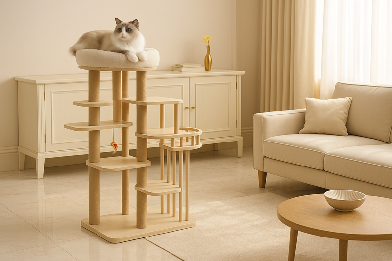 A tall multi-level wood cat tree with a Ragdoll cat on top stands in a cream and gold luxury living room with marble floors, beige furniture, and soft natural light