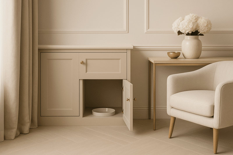 Built-in cabinet with hidden pet bowl beside neutral armchair and floral decor in luxury room.