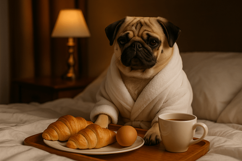 A fawn-colored pug with wrinkled features lounging on a soft white bed with a tray of croissants and orange juice in a luxury hotel suite