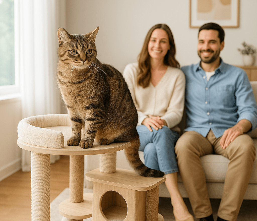 A cat lounges on a modern wooden cat tree in a luxury living room while a couple watches from a cream sofa — elegant cat furniture for upscale décor.