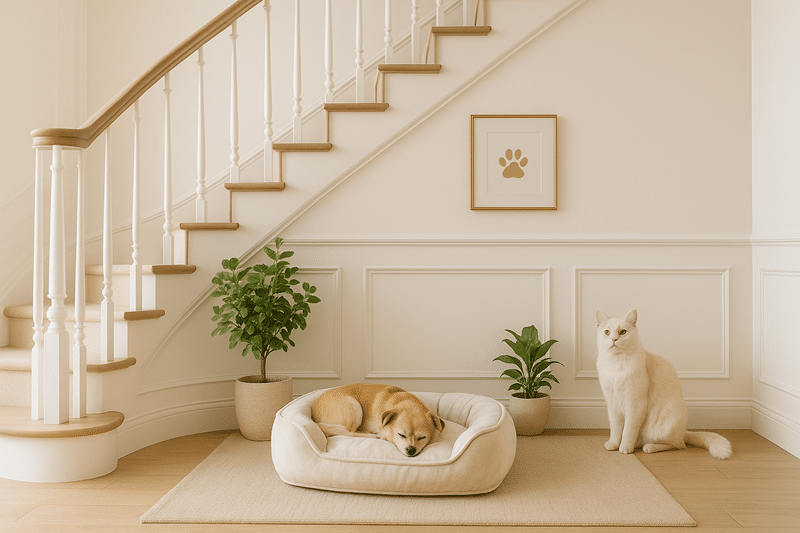 Stylish indoor dog space with soft bed and modern decor.