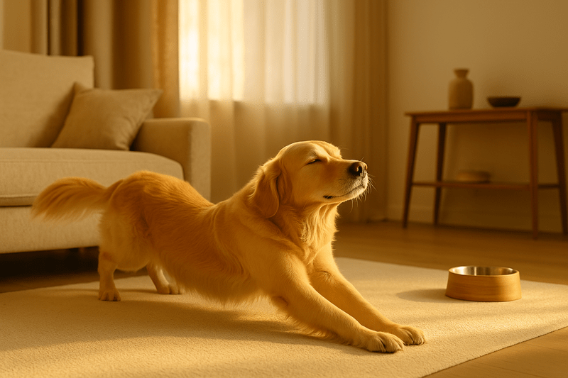 A golden retriever stretches peacefully on a soft beige rug in morning sunlight beside a dog bowl, sofa, and wooden side table in a cozy living room