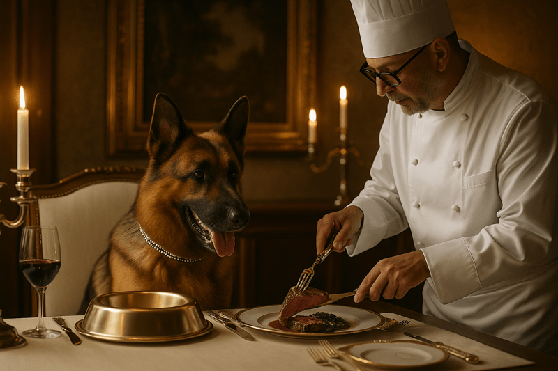 A German Shepherd wearing a diamond collar is served gourmet steak by a private chef in a candlelit luxury dining room