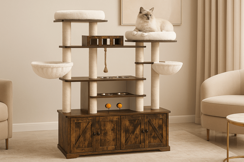 A Ragdoll cat lounges on the top bed of a wooden cat tree featuring a built-in litter box, feeding bowls, sisal posts, orange toys, and barn-door storage in a luxury living room