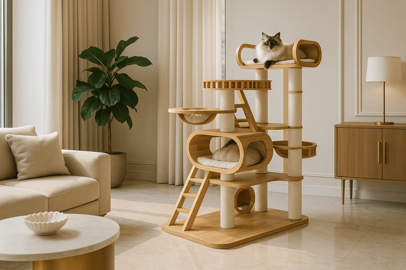 An elegant multi-tier wooden cat tree with plush cushions and basket perch, perfect for upscale homes with multiple cats.
