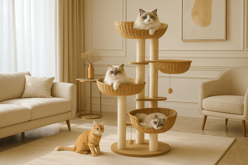 A tall modern cat tree for large cats featuring sisal posts, soft beds, and a stable design that blends with stylish interiors.