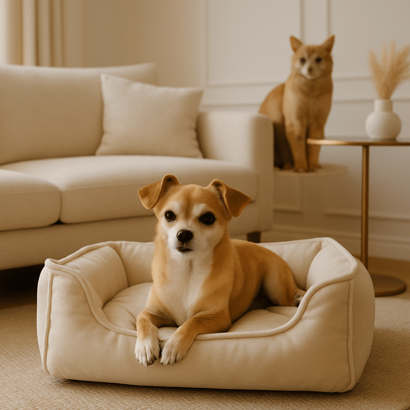 Small dog resting in a plush bed in an elegant modern home