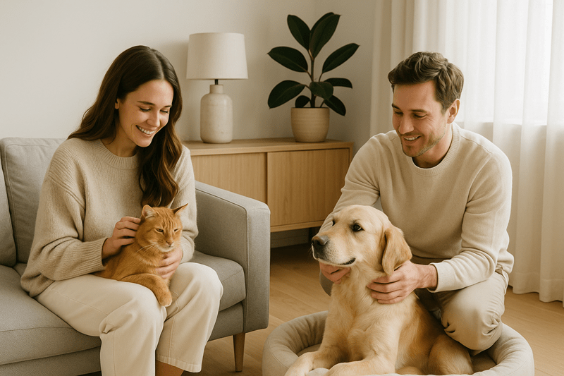 A smiling couple sits in a modern, light-filled living room with their ginger cat and golden retriever, sharing calm, loving moments in a luxurious minimalist home.