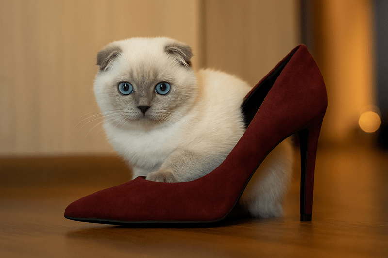 A Scottish Fold kitten with bright blue eyes nestled against a burgundy high heel shoe on a hardwood floor