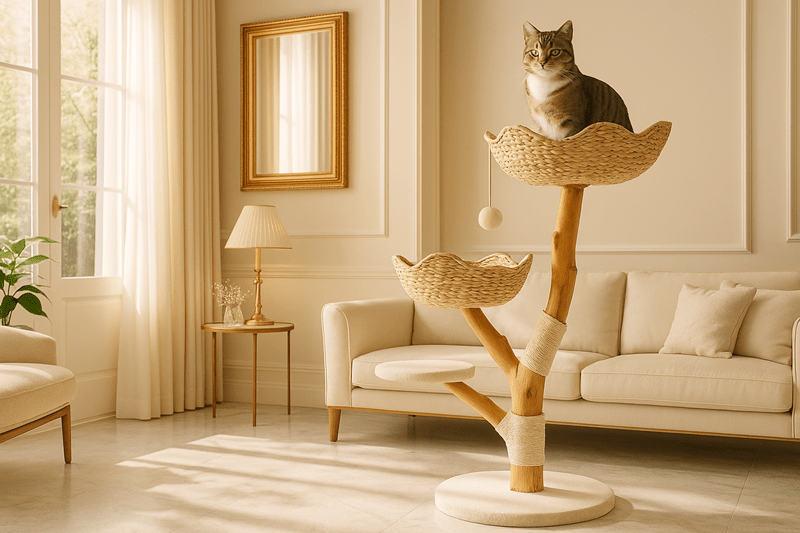 A multifunctional wooden cat tower with a hidden litter box, feeding bowls, and lounging beds, designed for elegant small spaces.