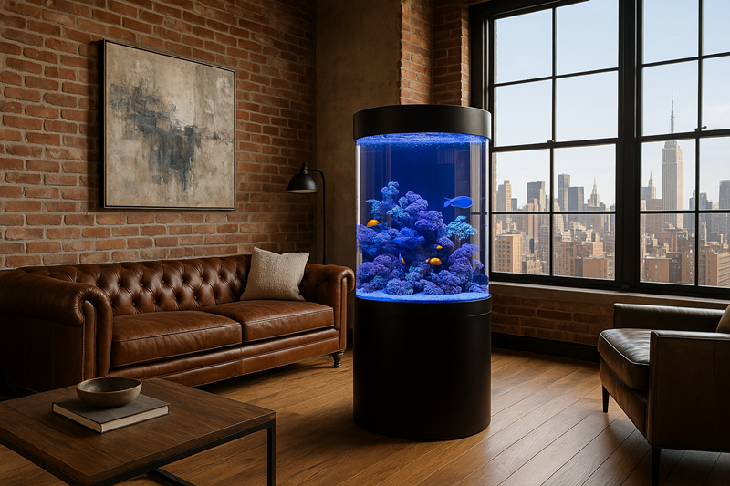 ProClear Pro Cylinder 125 Aquarium in Modern New York Loft with City View The ProClear Pro Cylinder 125 saltwater aquarium placed in a stylish New York loft with exposed brick walls, a tufted leather sofa, wood floors, and panoramic city skyline views through large industrial windows