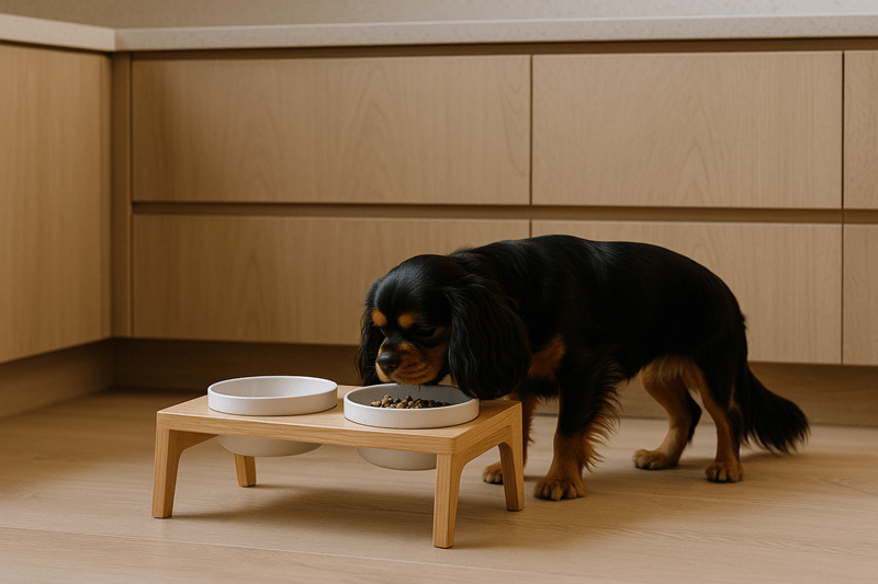 A Cavalier King Charles Spaniel eating from a modern, elevated wooden pet bowl set in a light oak kitchen with minimalist design.
