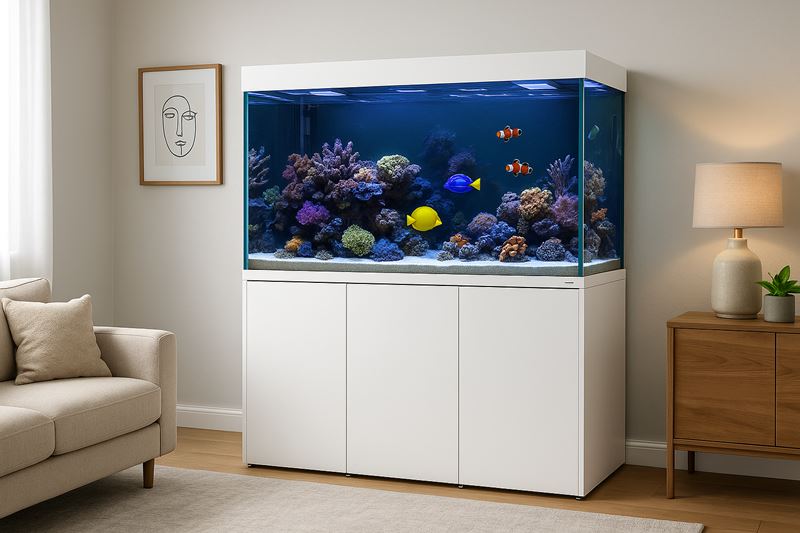 Waterbox Eden X 175 FLED Aquarium in a Luxury Living Room The Waterbox Eden X 175 FLED saltwater aquarium displayed in a modern luxury living room, featuring vibrant tropical fish, coral, and full-spectrum lighting
