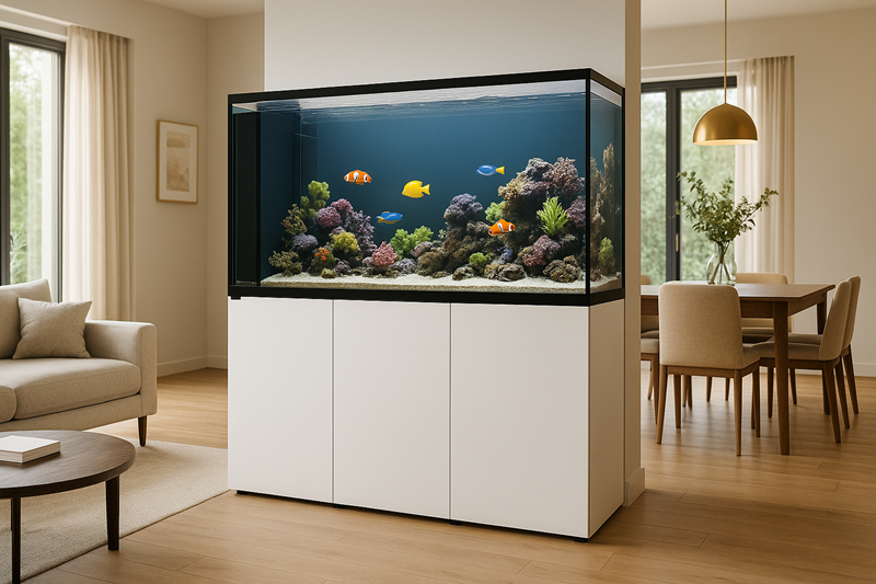 Waterbox Peninsula 7225 Used as Room Divider in Open Living-Dining Layout-luxury The Waterbox Peninsula 7225 saltwater aquarium acting as a room divider between a modern living room and dining area, featuring ultra-clear glass, colorful marine life, and a realistic black overflow chamber on the left.