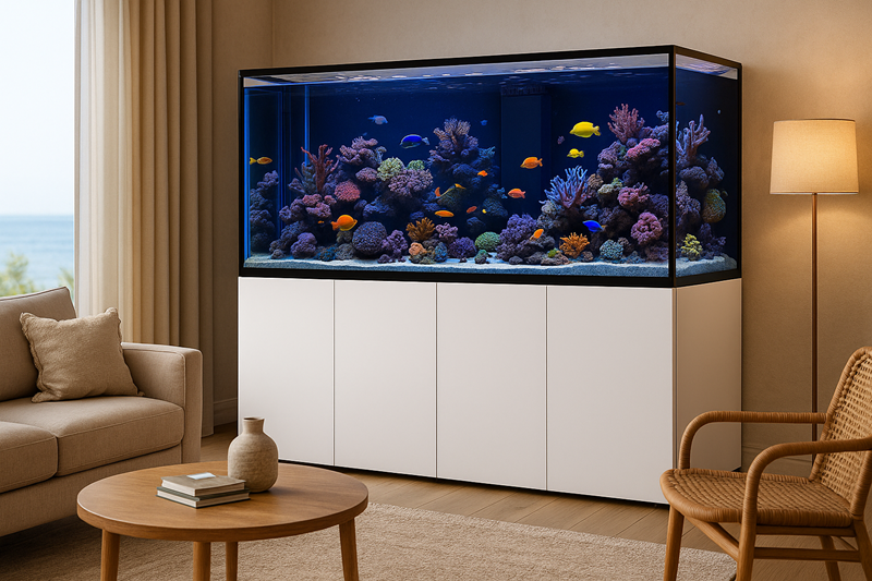 Waterbox REEF LX 330.7 White Aquarium with 4-Door Cabinet in Modern Living Room The Waterbox REEF LX 330.7 White saltwater aquarium with a 4-door white cabinet, set in a stylish modern living room filled with colorful corals, marine fish, and natural light.
