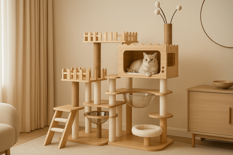 A large elegant wooden cat tower with ladder, capsule beds, and a TV-style hideaway — perfect for stylish multi-cat households.