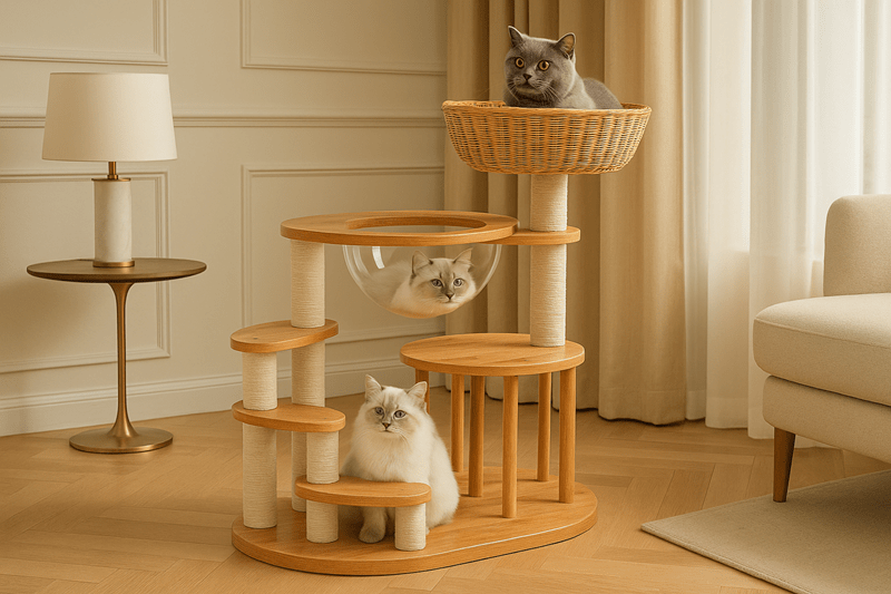 A sleek wooden cat tree with stair access and a capsule bed, perfect for older cats in modern homes with upscale décor.