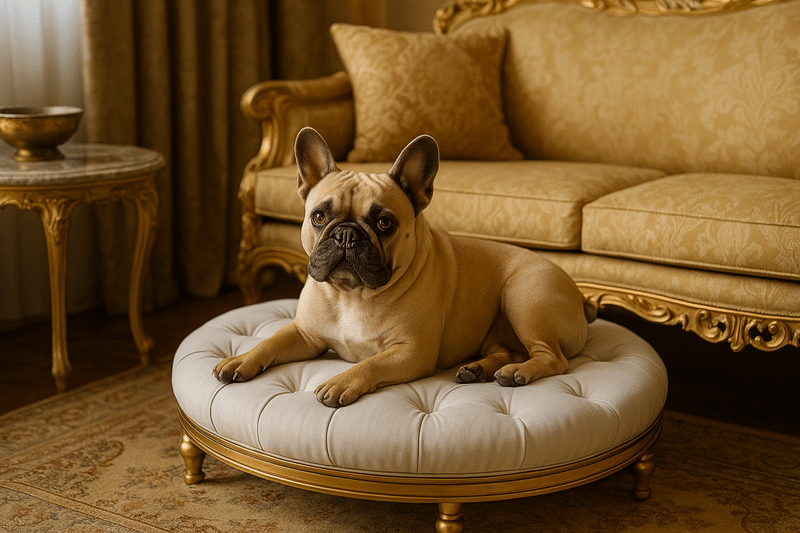 French Bulldog resting on a plush tufted pet bed in an ornate luxury living room setting