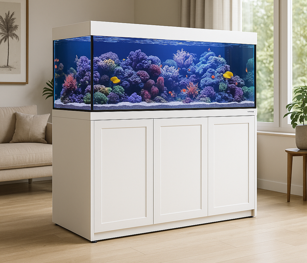 A curated display of modern luxury fish tanks in various upscale interior settings, showcasing minimalist and reef-style aquariums in a clean, square format.